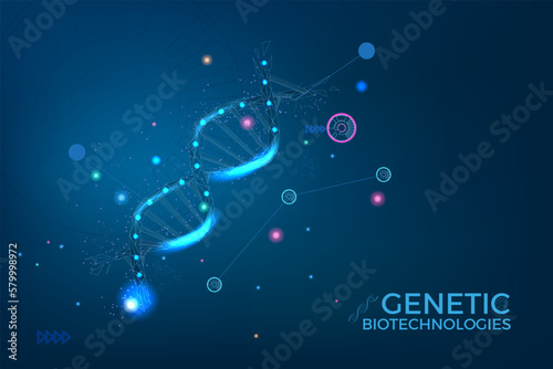 Gene structure, genetic dna manipulation. Molecule edition in biology, agriculture or medical technology, science derk blue background. Chromosome molecules chain. Vector health concept