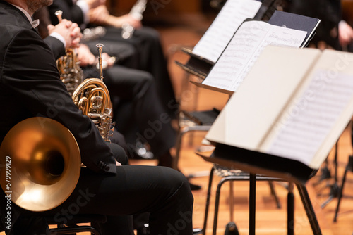 A musician is holding their French horn during a live classical symphony orchestra concert and waiting for their cue