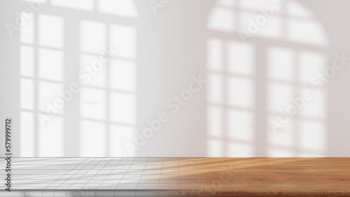 Architect interior designer concept  hand-drawn draft unfinished project that becomes real  wooden table with white white stucco wall background with window light and shadow