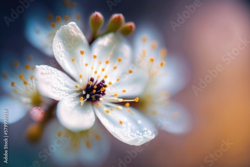 Spring seasonal cherry blossom flower on bokeh background. Macro Zoom. Generative AI
