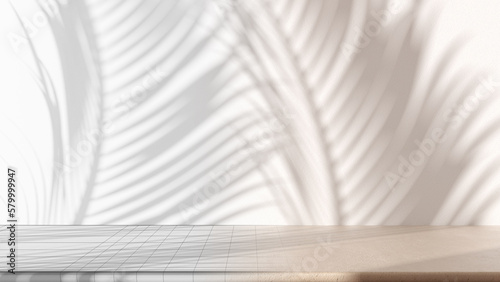 Architect interior designer concept: hand-drawn draft unfinished project that becomes real, marble table with white stucco wall background with light beam and palm leaves shadow