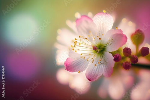 Spring seasonal cherry blossom flower on bokeh background. Macro Zoom. Generative AI