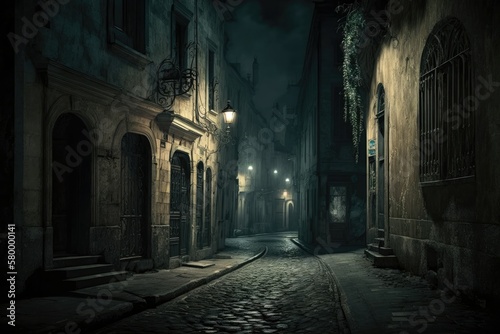 Street in the old town on dark background. Generative AI © Kanisorn