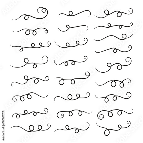 set of Hand drawn calligraphy font style Decorative Elements Text Ornaments curly thin line swings swashes Flourishes Swirls text divider flourish doodle vector illustration by poster, banner
