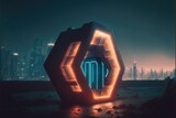 The world revolution of through hexagon modernism future portal. Background of skyscraper with moon spotlight. Finest generative AI.