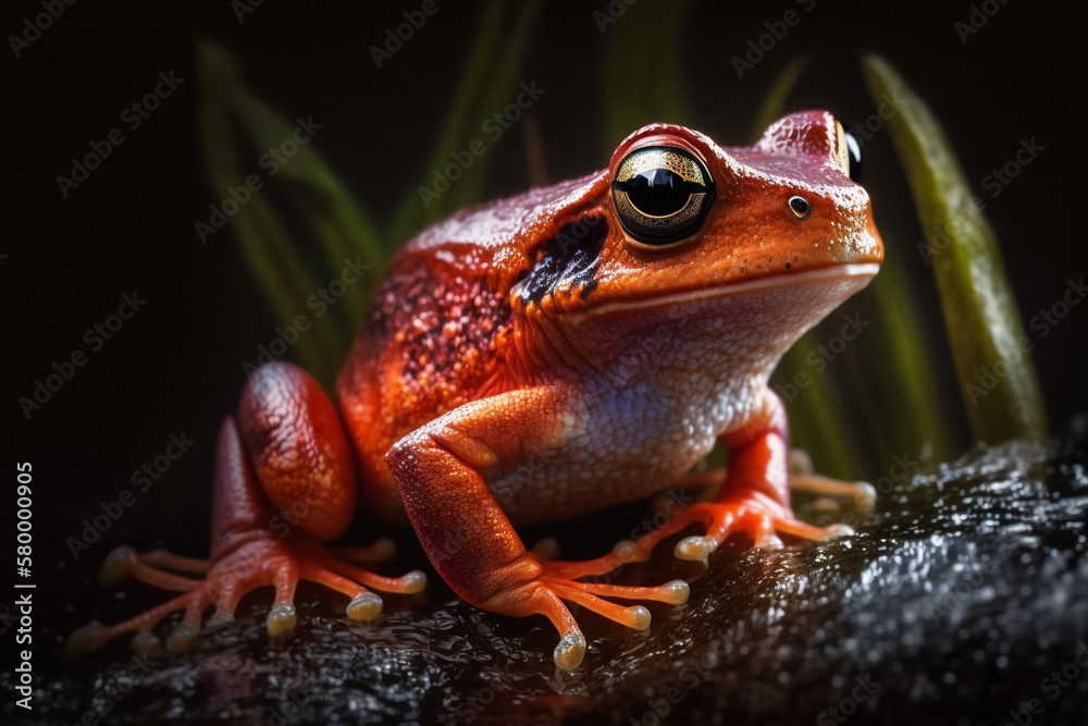 Fototapeta premium Mystical glowing frog closeup on the wetland or rock in the evening. Isolated on blurred background. Stunning birds and animals in nature travel or wildlife photography made with Generative AI