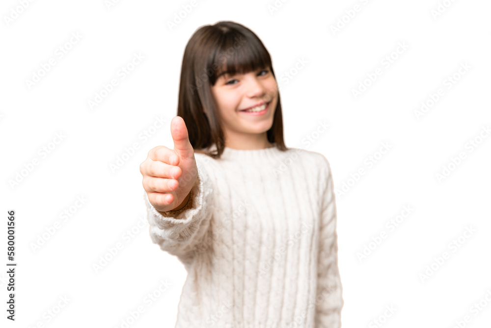 Little caucasian girl over isolated background shaking hands for closing a good deal Little caucasian girl over isolated background shaking hands for closing a good deal