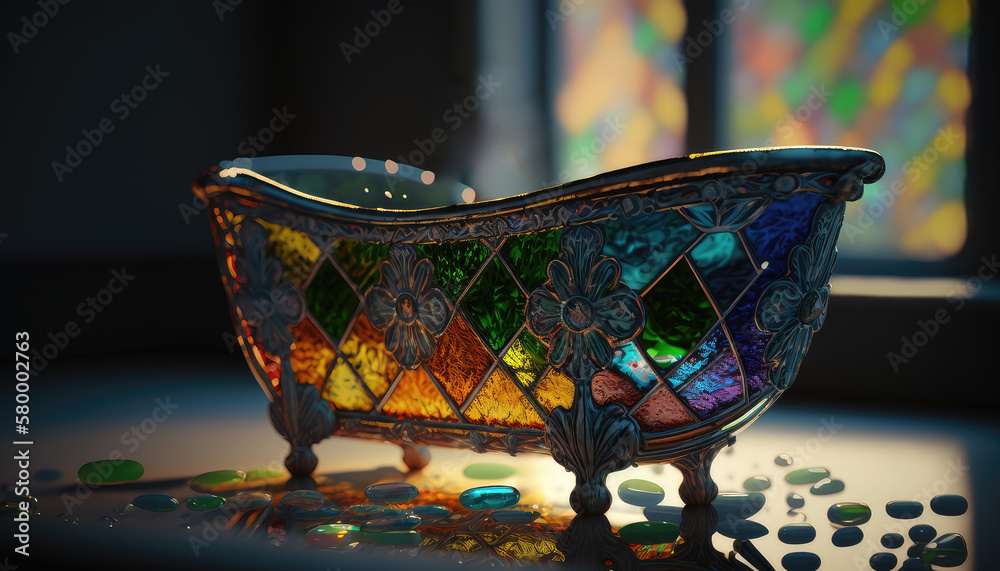 Fototapeta premium Stained glass bathtub, glass, mettal, antique, retro, old design, concept. Generative Ai