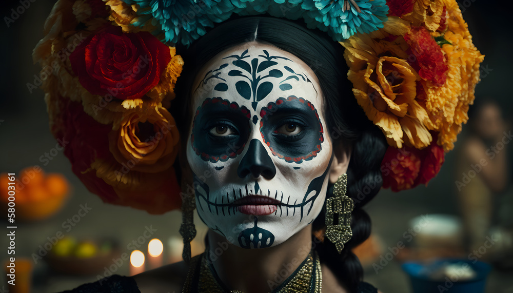 Portrait of a woman wearing beautiful Day of the Dead costumes and skull makeup Portrait of a woman wearing beautiful Day of the Dead costumes and skull makeup