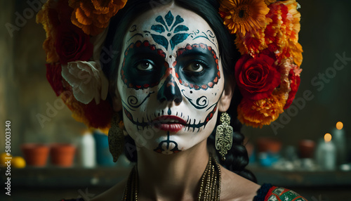 Portrait of a woman wearing beautiful Day of the Dead costumes and skull makeup © Demencial Studies