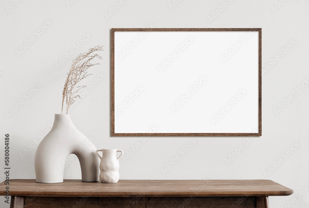Blank wooden picture frame mockup on wall in modern interior. Horizontal artwork template mock up for artwork, painting, photo or poster in interior design