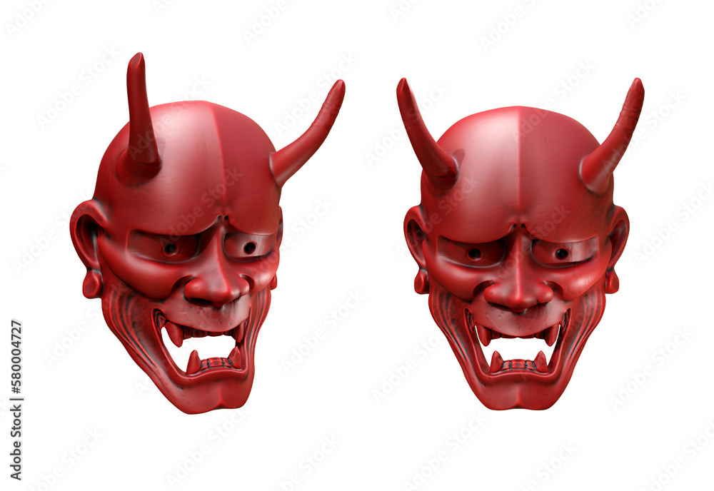 3d rendering japanese oni masks powerful and feared angry red