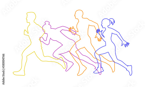 Running people through. Sports. Silhouettes of people drawn with a line. 