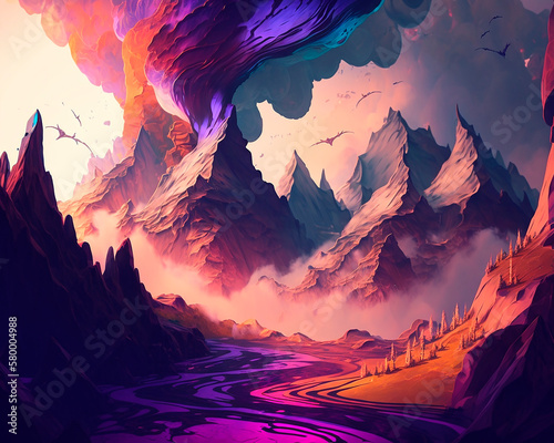 generative ai illustration of landscape of swirly mountains in a dreamworld  dreamy  concept art  cyberdelic