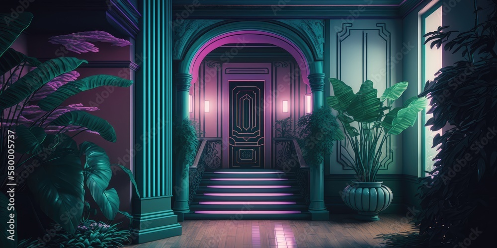 Realistic Synthwave Interior of a Luxury Mansion with a Nature-Inspired ...
