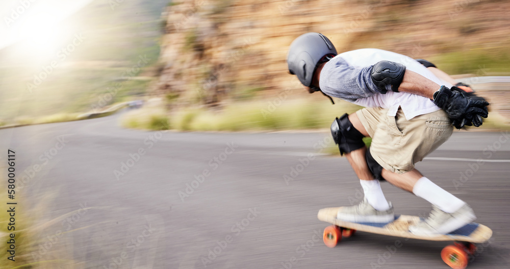 Skateboard, motion blur and man speed in road for sports competition, training and exercise in city. Skating, skateboarding and male skater for adrenaline, adventure and freedom in extreme challenge Stock Photo |