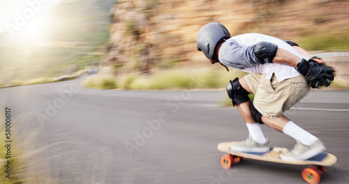 Skateboard, motion blur and man speed in road for sports competition, training and exercise in city. Skating, skateboarding and male skater for adrenaline, adventure and freedom in extreme challenge