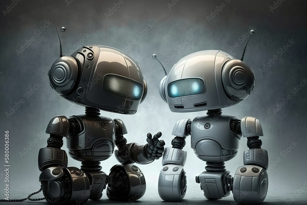 Two cute robots chatting. Futuristic chatbots having a discussion