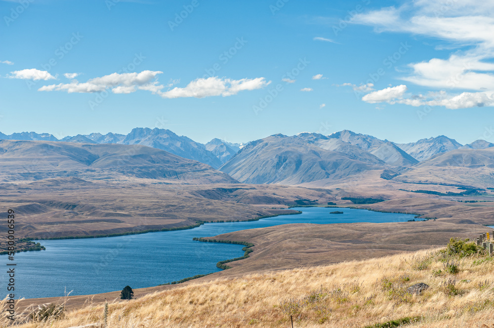 Aerial view from Mount John of Lake Alexandrina and Mackenzie country, New Zealand