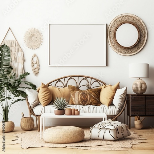 Boho Living Room Interior with Horizontal Frame Mockup - 3D Rendered Illustration