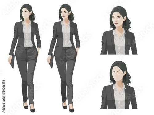 【全身立ち絵】スーツを着たパンツスタイルの女性（正面）のベクターイラスト