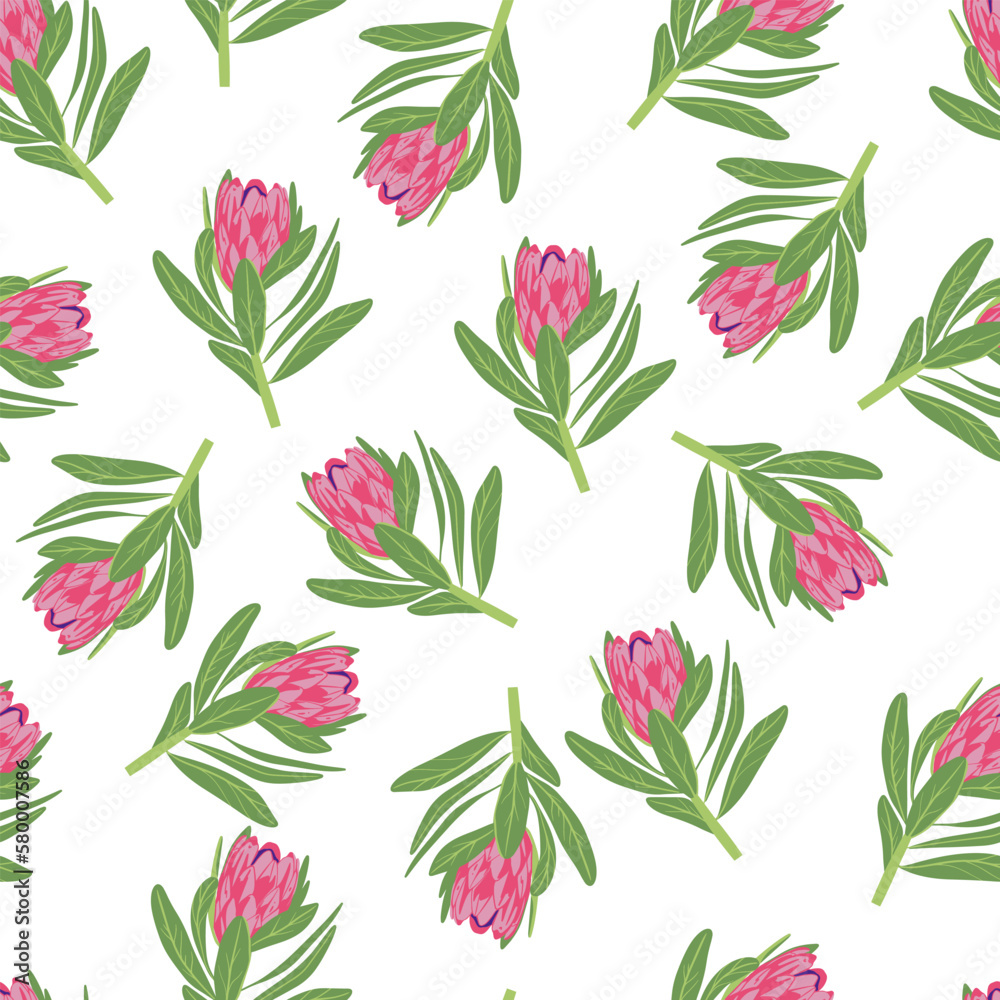Protea flowers pattern. Seamless floral background. Repeating botanical print with blooms for wallpaper and wrapping. Delicate flora texture. Colored flat vector illustration Protea flowers pattern. Seamless floral background. Repeating botanical print with blooms for wallpaper and wrapping. Delicate flora texture. Colored flat vector illustration
