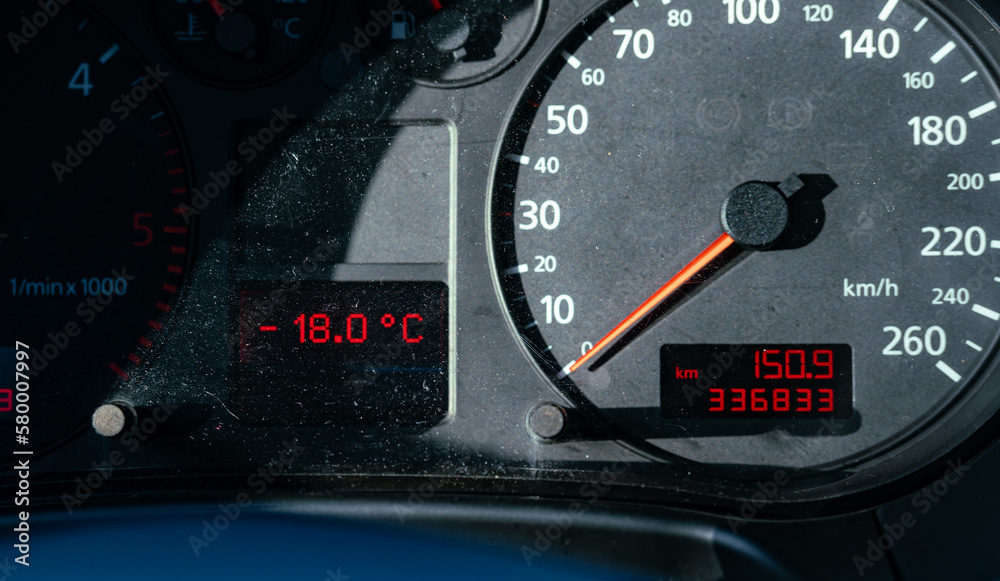 Fototapeta premium Car Dashboard show outside temperature. Minus temperature.
