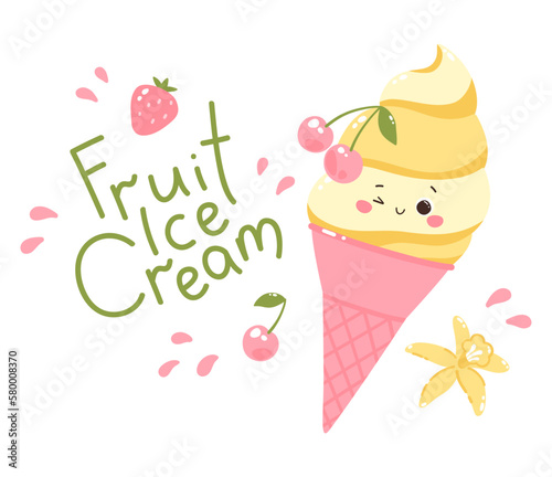 Cute character popsicles with cherries in cone. Cold dessert ice cream. Summer sweetness