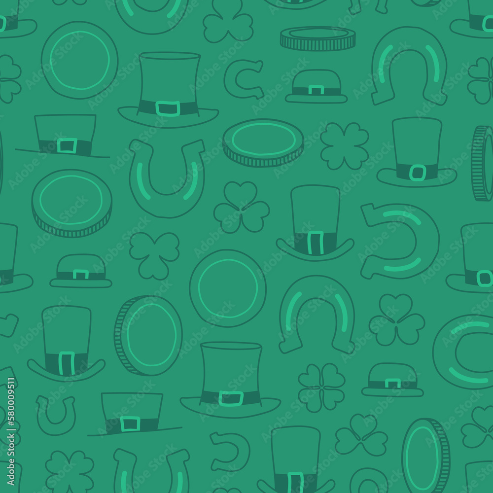 Subtle green on green hand drawn St. Patrick's Day seamless pattern
