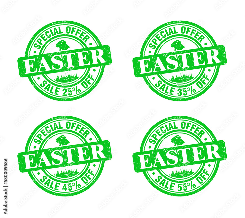 Easter sale green grunge stamp set. Special offer 25, 35, 45, 55 percent off Easter sale green grunge stamp set. Special offer 25, 35, 45, 55 percent off