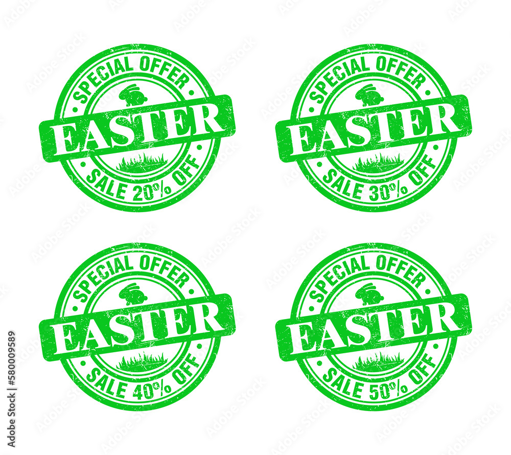 Obraz premium Easter sale green grunge stamp set. Special offer 20, 30, 40, 50 percent off