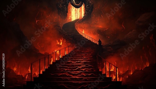 Canvas Print Stairs to Hell Burning Flames Illustration Wallpaper Generative AI