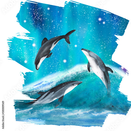 Three hand drawn watercolor dolphins. An illustration for printing design. Isolated on white. 