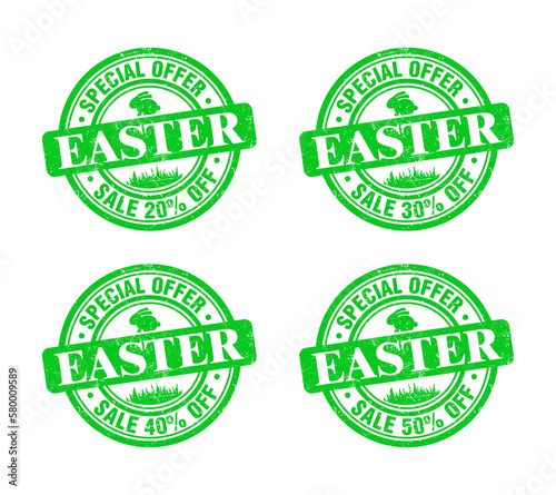 Easter sale green grunge stamp set. Special offer 20, 30, 40, 50 percent off