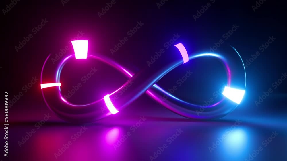 endless 3d animation, abstract geometric background of infinity symbol. Glowing neon lights moving across the surface of an endless loop. Minimalist animated wallpaper