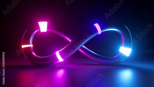 endless 3d animation, abstract geometric background of infinity symbol. Glowing neon lights moving across the surface of an endless loop. Minimalist animated wallpaper
