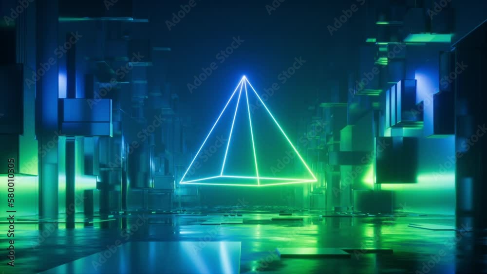 cycled 3d animation, abstract blue green neon background. Glowing linear volumetric pyramid rotates and flies forward along the urban street at night. Digital futuristic animated wallpaper