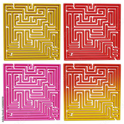 Set of maze puzzle in 3d rendering