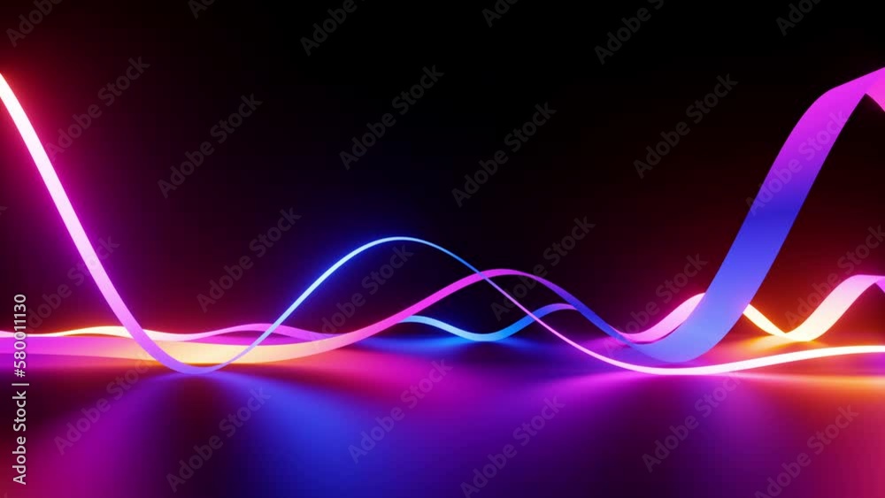 cycled 3d animation, abstract background with glowing neon wavy ribbons and lines. Minimalist colorful wallpaper