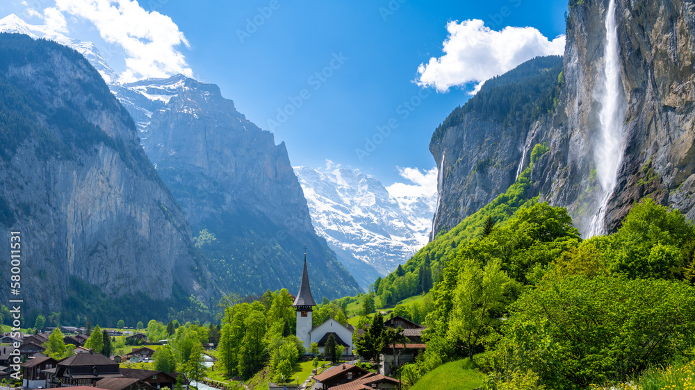 amazing alpine valley in Lauterbrunnen village in Switzerland