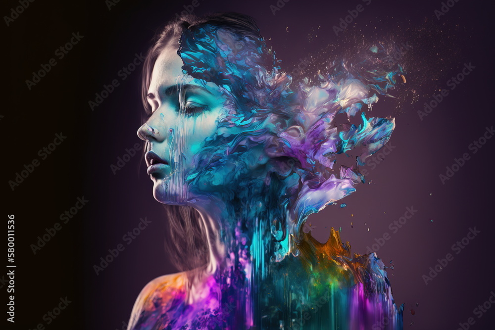 Wondrous illustration portrait woman with colorful iridescent exploding ...