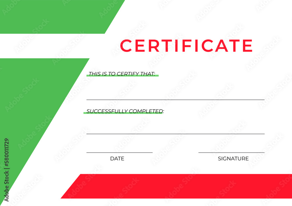 Certificate of Completion Template in green and red colors. White backgound. Vector