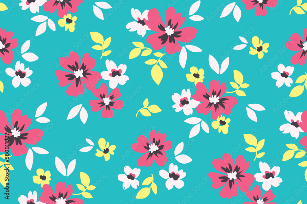 Seamless floral pattern, artistic retro style ditsy print with cute botanicals. Liberty botanical design with small hand drawn flowers, leaves on blue background. Vector illustration.