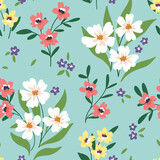 Seamless floral pattern, cute ditsy print with liberty spring botany. Pretty botanical design with small hand drawn wild plants: flowers, tiny twigs leaves on a blue background. Vector illustration.