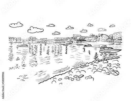 jetty seascape bay with boats in city outline sketch vector illustration