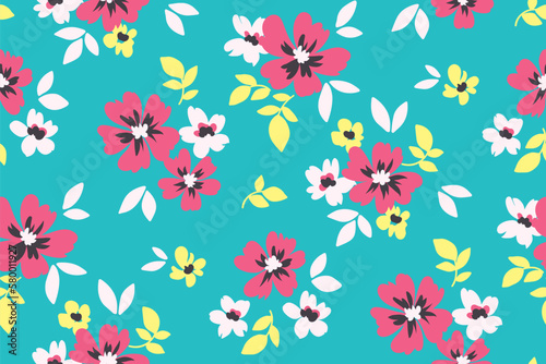 Seamless floral pattern  artistic retro style ditsy print with cute botanicals. Liberty botanical design with small hand drawn flowers  leaves on blue background. Vector illustration.