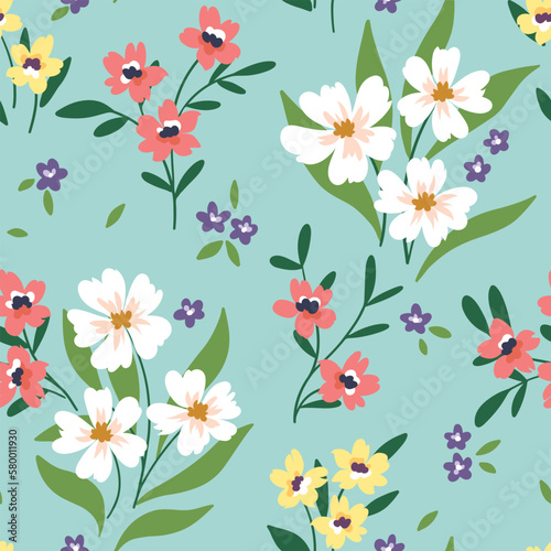 Seamless floral pattern, cute ditsy print with liberty spring botany. Pretty botanical design with small hand drawn wild plants: flowers, tiny twigs leaves on a blue background. Vector illustration. © Yulya i Kot