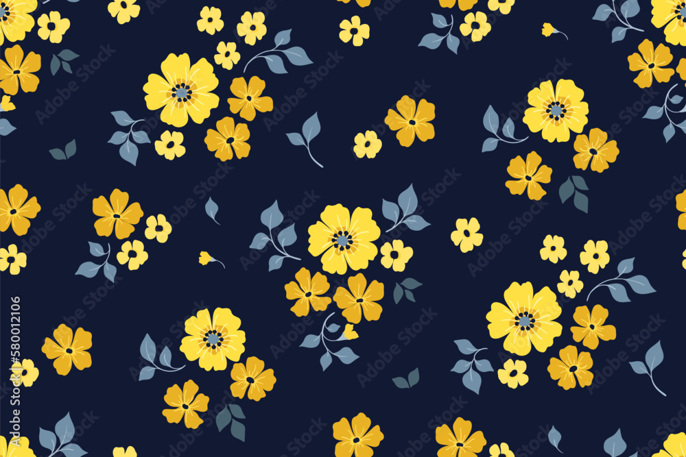 Seamless floral pattern, folk style ditsy print with decorative art botany. Vintage botanical design with hand drawn bouquets: yellow flowers, small leaves on dark blue background. Vector illustration Seamless floral pattern, folk style ditsy print with decorative art botany. Vintage botanical design with hand drawn bouquets: yellow flowers, small leaves on dark blue background. Vector illustration