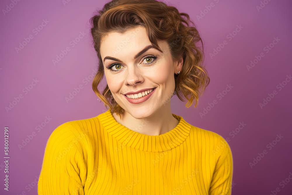 AI Generative Illustration of a Creative Photo of Lady Wearing Yellow Knitted Jumper With isolated on Purple Color Background AI Generative Illustration of a Creative Photo of Lady Wearing Yellow Knitted Jumper With isolated on Purple Color Background