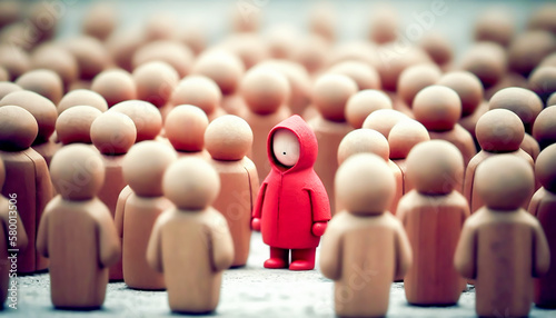 red figurine of a man stands aside from the crowd of people wooden, different concept, Generative ai